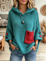 Women's Colorblock Pocket Hooded Knit Poncho Sweater