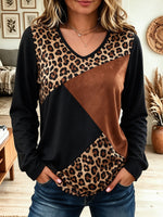 Women V Neck Leopard Suede Geometric Color Block Long Sleeve Top