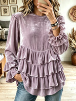 Women's Round Neck Velvet Long Sleeve Top, Tiered Ruffle Peplum Blouse