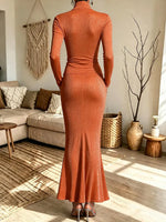 Women's Turtleneck Long-sleeve Split-front Top And High-waist Mermaid Long Skirt Two-piece Set