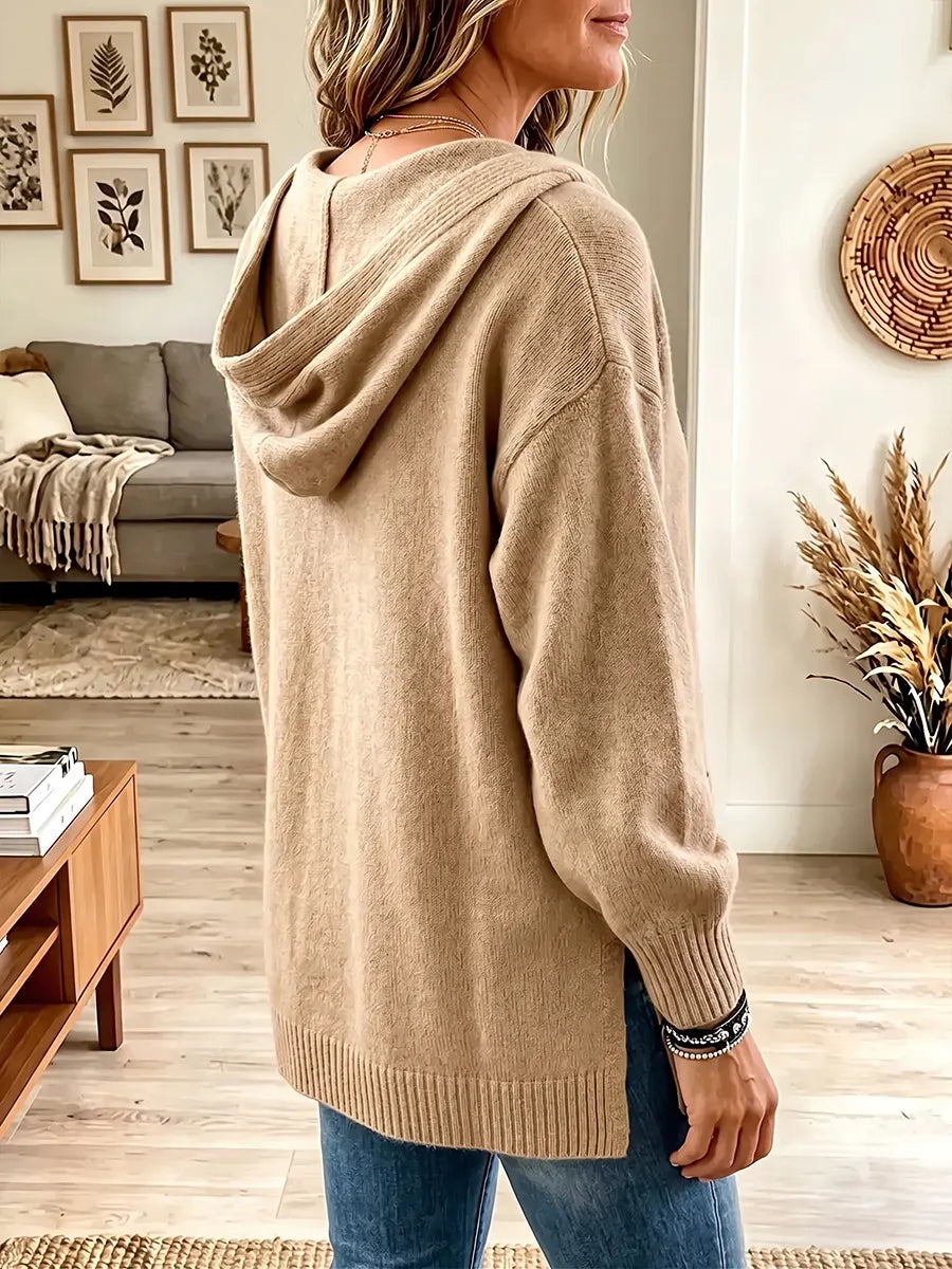 Vintage Elegant Knitted Fabric Button Hooded Sweater