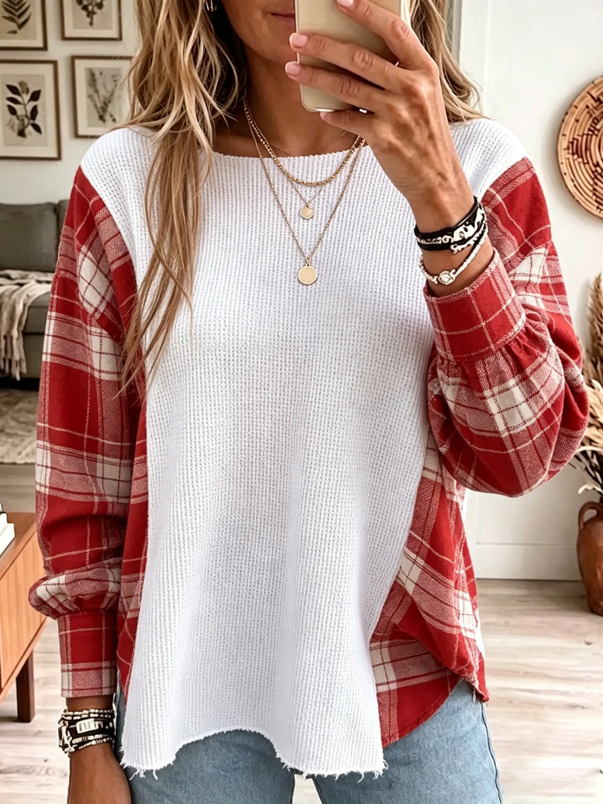 Women's Plaid Patchwork Waffle Knit Top