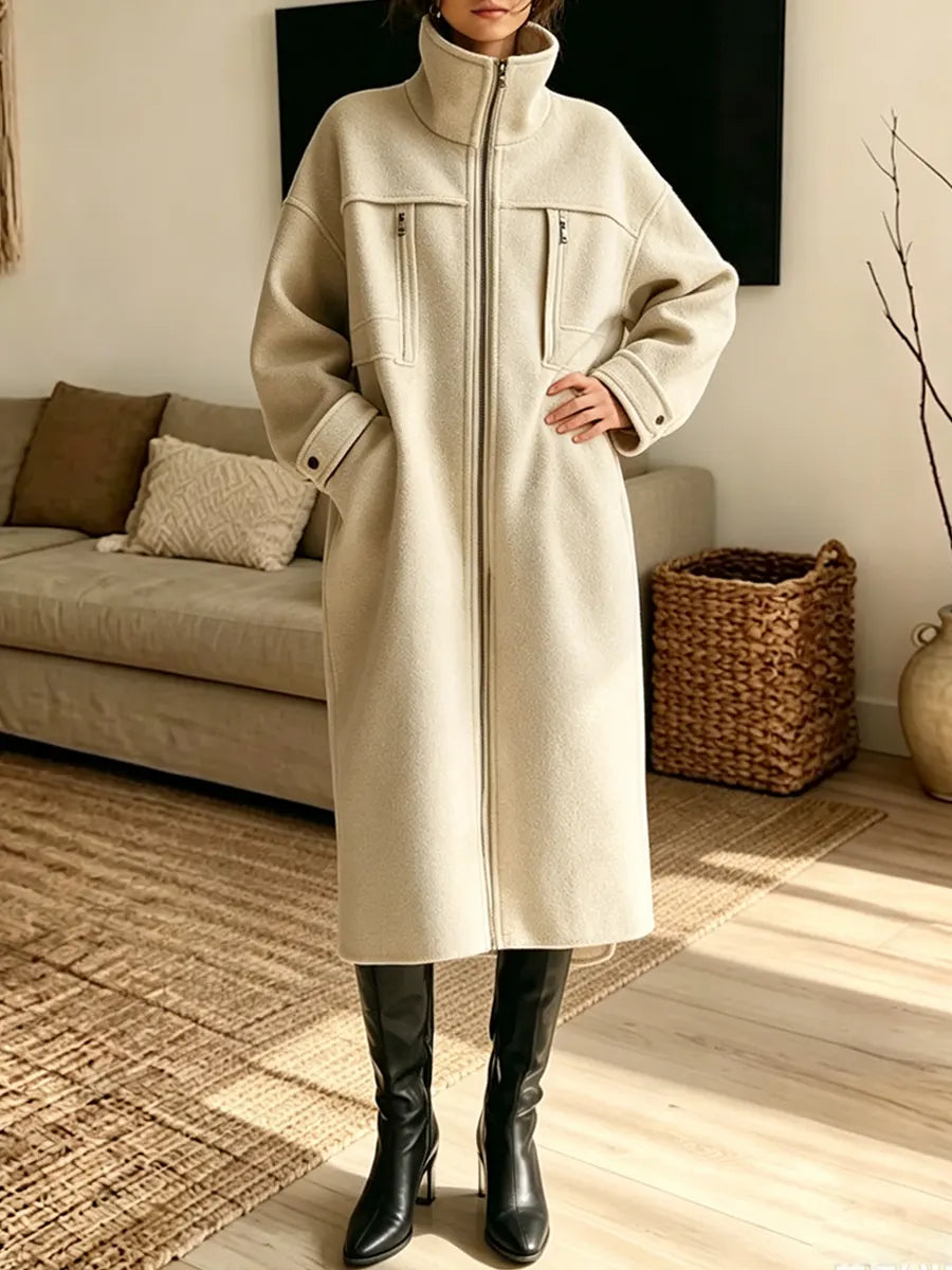 Retro Loose Zip Art Casual Pockets Stylish Stand Collar Long Sleeve Coat