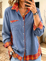 Women Denim Plaid Spliced Button‑down Long Sleeve Shirt With Pocket
