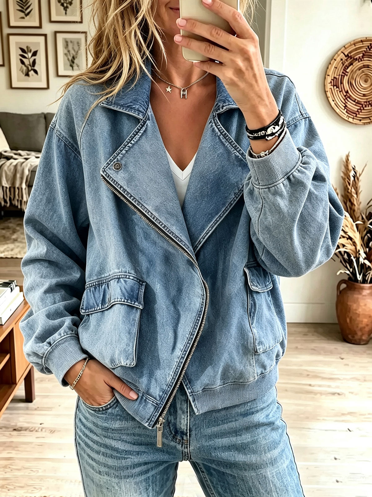 Women's Asymmetric Zip Denim Bomber Jacket, Lapel Collar Puff Sleeve Casual Jean Coat