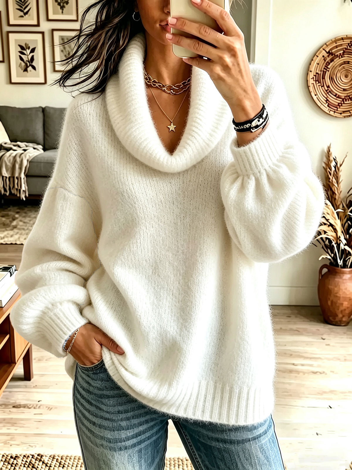 Women Cowl Neck Oversized Soft Fuzzy Balloon Sleeve Knit Sweater