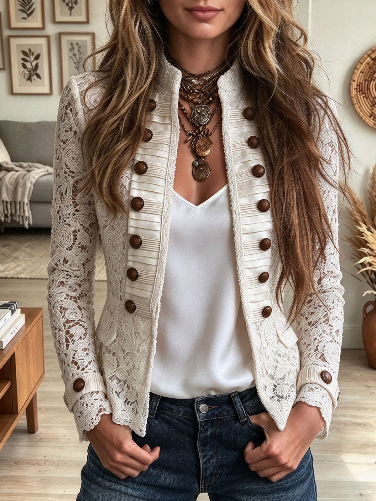Women's White Lace Cardigan Jacket Stand Collar Pleated Button Down Top