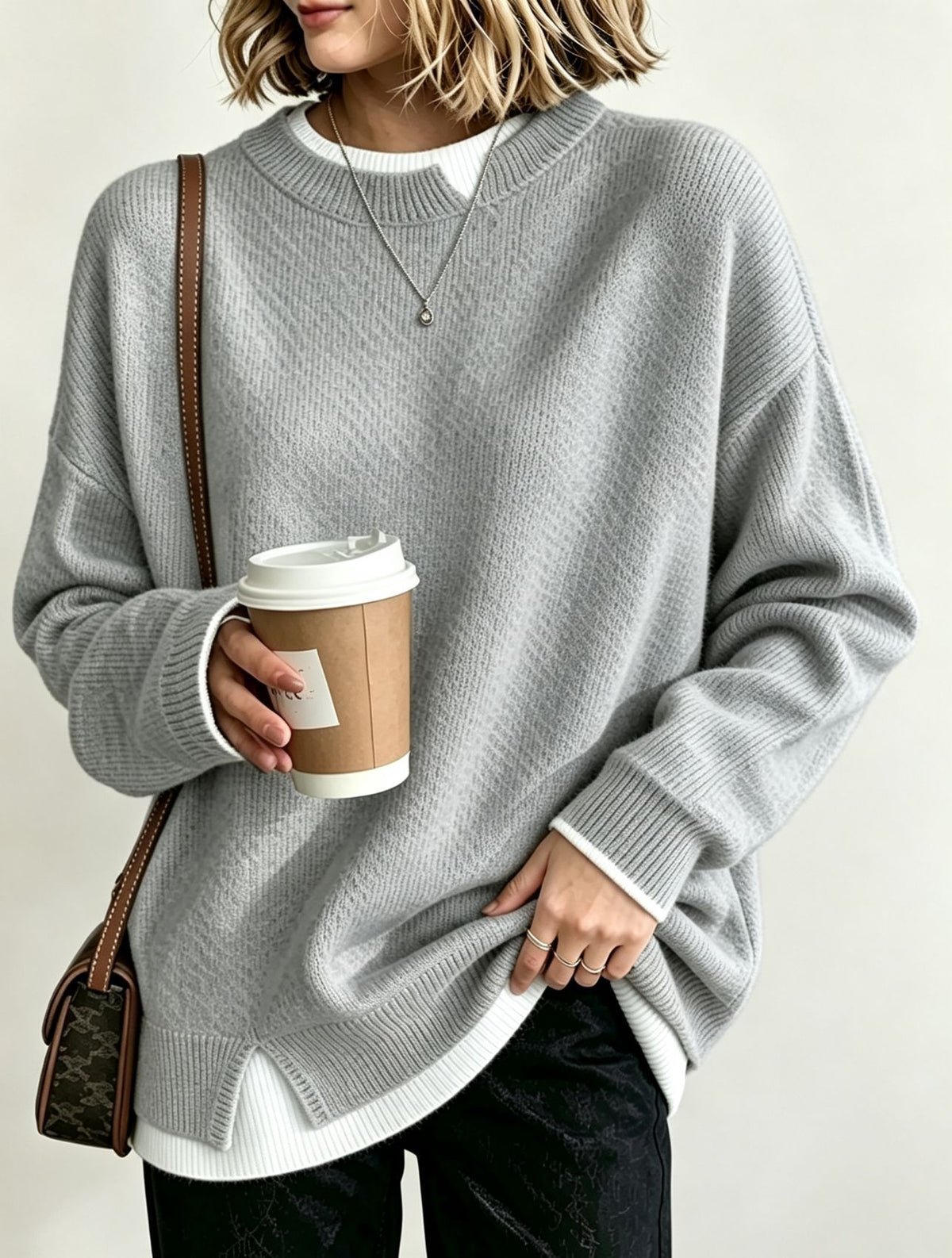 Women Light Blue Mock Two‑Piece Loose Long Sleeve Knit Sweater