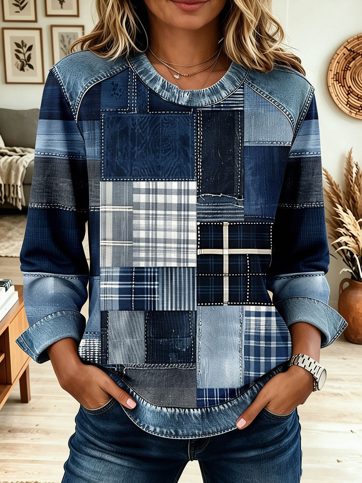 Women Denim Plaid Patchwork Print Round Neck Long Sleeve Top