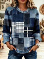 Women Denim Plaid Patchwork Print Round Neck Long Sleeve Top