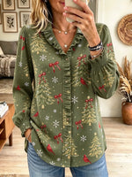 Women's Christmas Cardinal Tree Print Ruffle Shirt