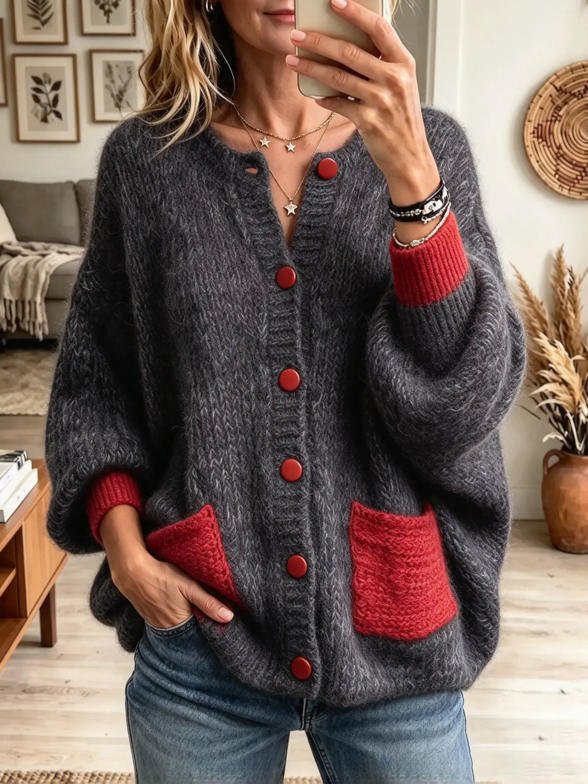 Women's Contrast Pocket Button-Front Knit Cardigan