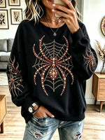 Vintage Halloween Spider Pattern Shiny Art Casual Stylish Long Sleeve Sweatshirt