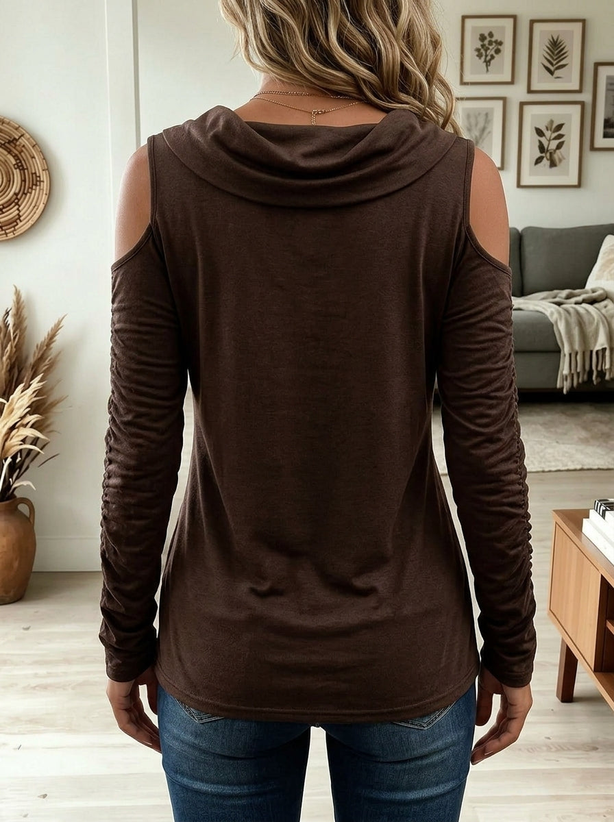 Brown Cowl Neck Cold Shoulder Ruched Long Sleeve Wrap Top