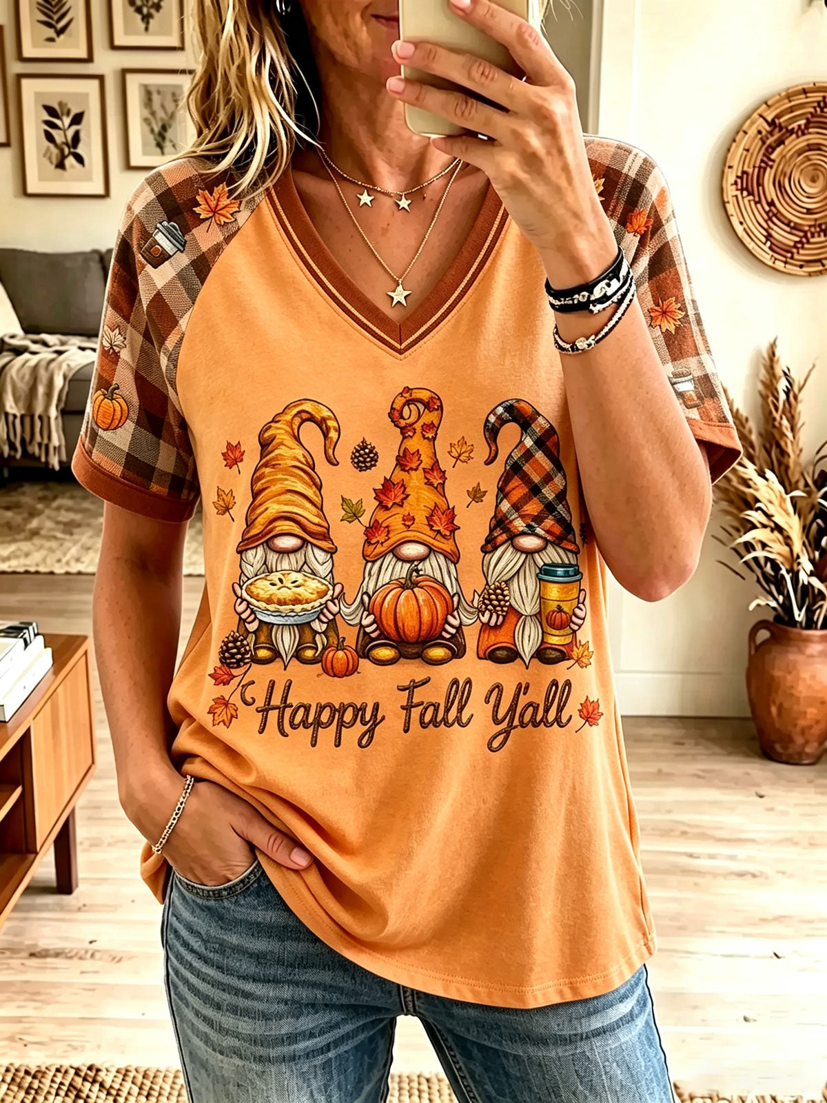 Women Happy Fall Y'all Gnome Pumpkin Plaid Raglan V Neck T-Shirt