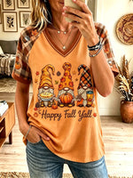 Women Happy Fall Y'all Gnome Pumpkin Plaid Raglan V Neck T-Shirt