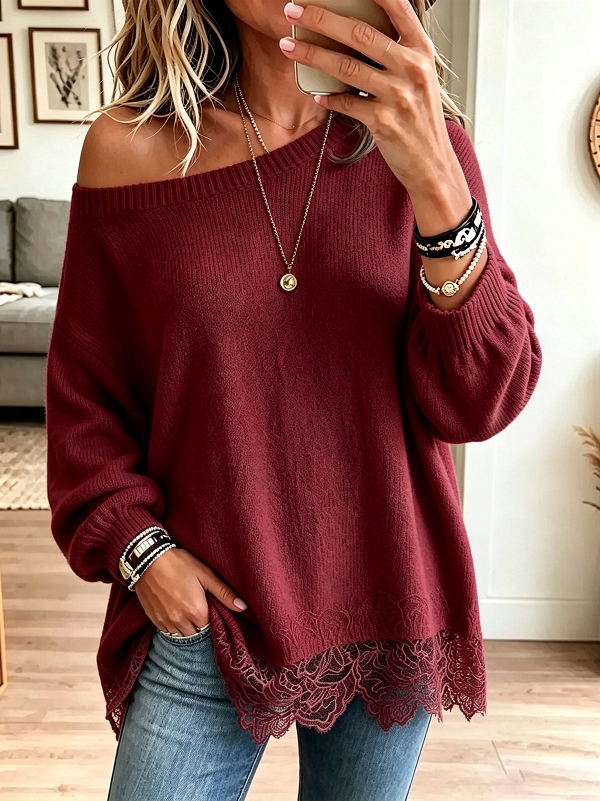 Women Off‑Shoulder Lace Hem Loose Knit Sweate