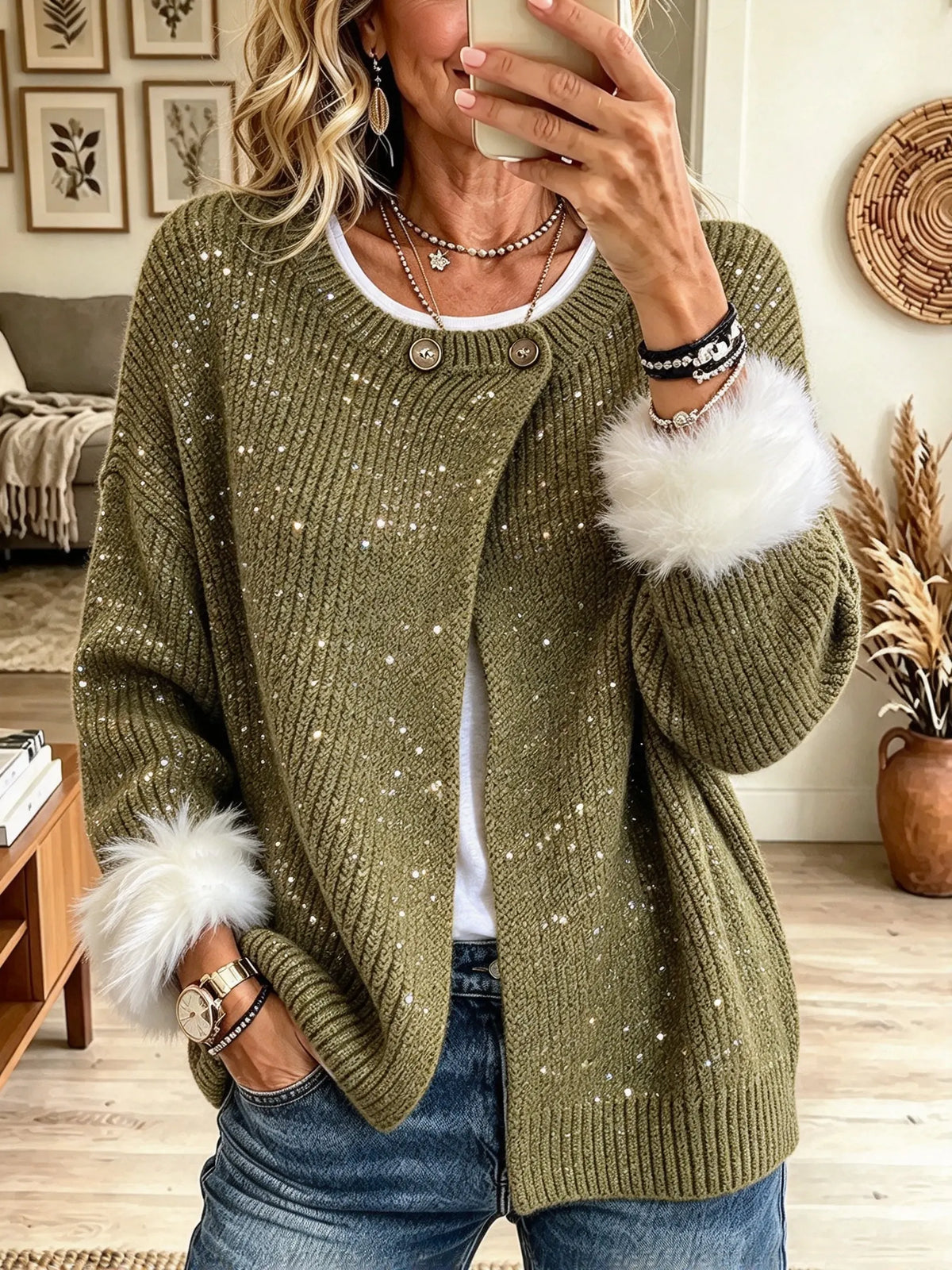 Women's Faux Fur Cuff Sequin Knit Cardigan