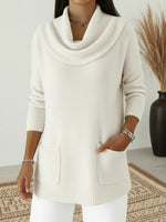 Women Cowl Neck Pockets Drop Shoulder Loose Knit Sweater