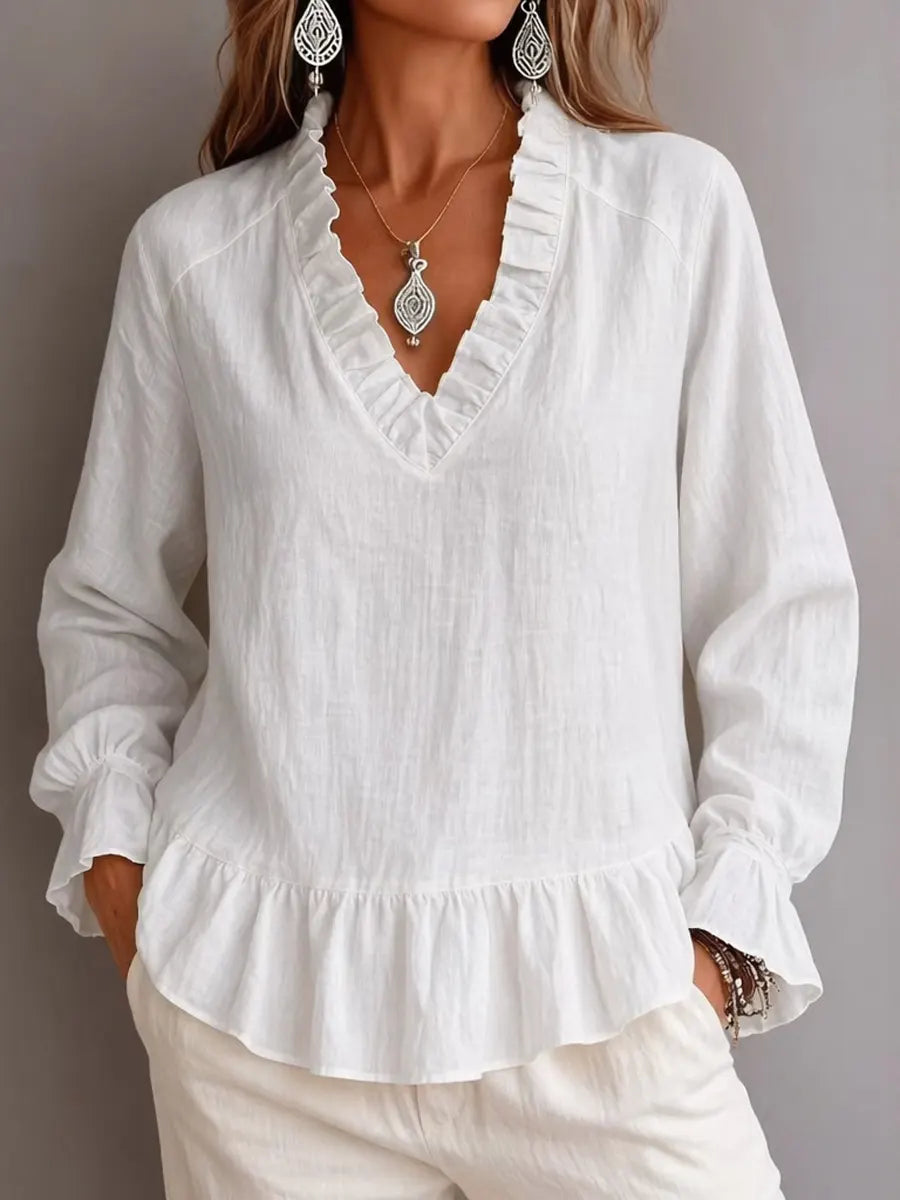 Retro Solid Color Ruffle Art V Collar Casual Long Sleeve Cotton Linen Shirt