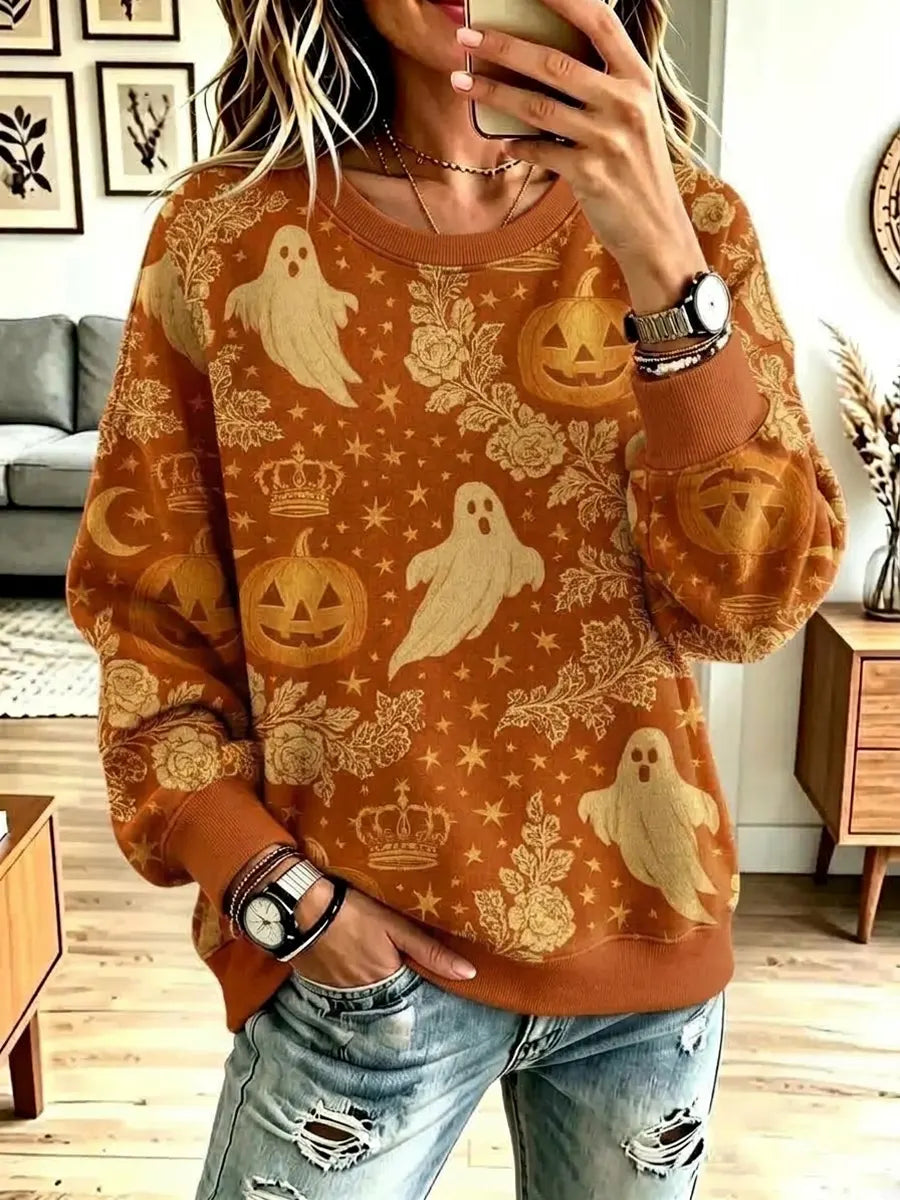 Vintage Halloween Ghost Pattern Art Casual Stylish Long Sleeve Sweatshirt