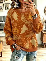 Vintage Halloween Ghost Pattern Art Casual Stylish Long Sleeve Sweatshirt