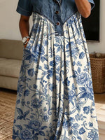 Vintage Floral Pattern Art Print Casual Stylish Lapel Denim Patchwork Dress