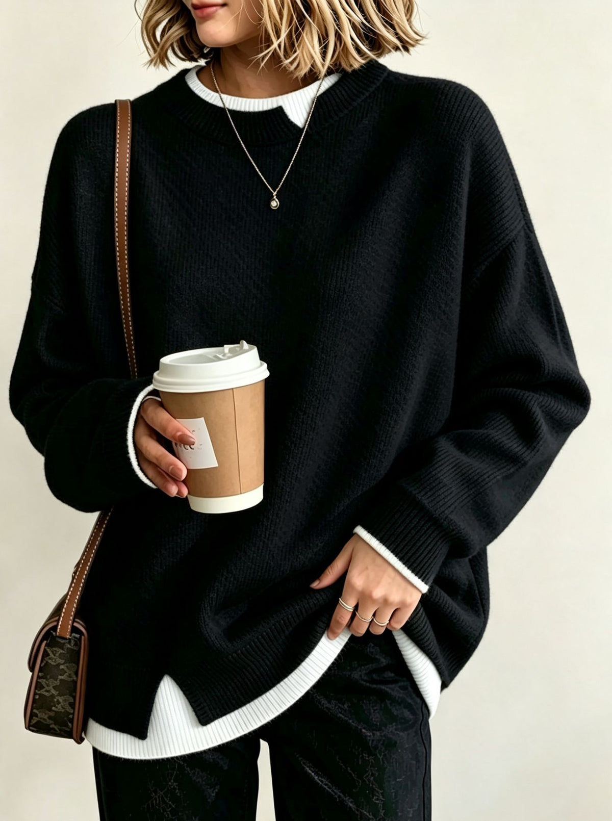 Women Light Blue Mock Two‑Piece Loose Long Sleeve Knit Sweater