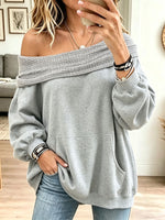 Women Off‑Shoulder Kangaroo Pocket Long Sleeve Sweatshirt