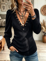 Women's Gold Studded Deep V-Neck Ribbed Top