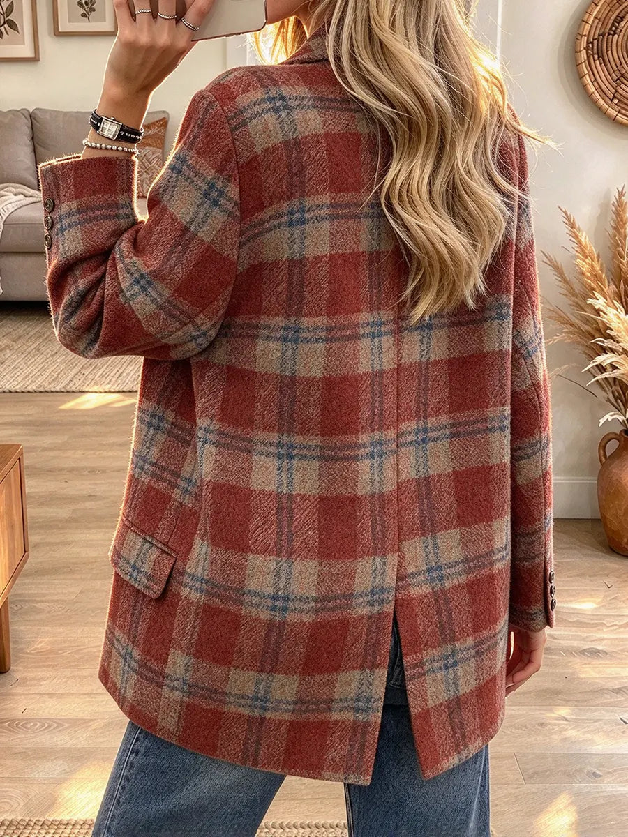Women's Retro Casual Plaid Print Lapel Coat