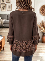 Women's Brown Leopard Print Contrast Ruffle Hem Long Sleeve Top
