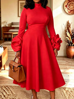 Women Red High Neck Ruffle Cuff Long Sleeve Midi Formal Dress