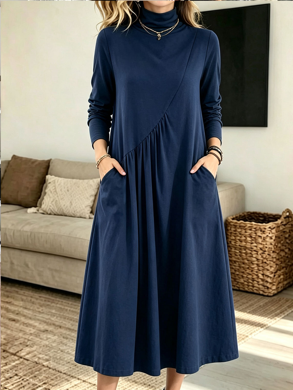 Women Turtleneck Diagonal Ruched Pocket Long Sleeve Midi Dress