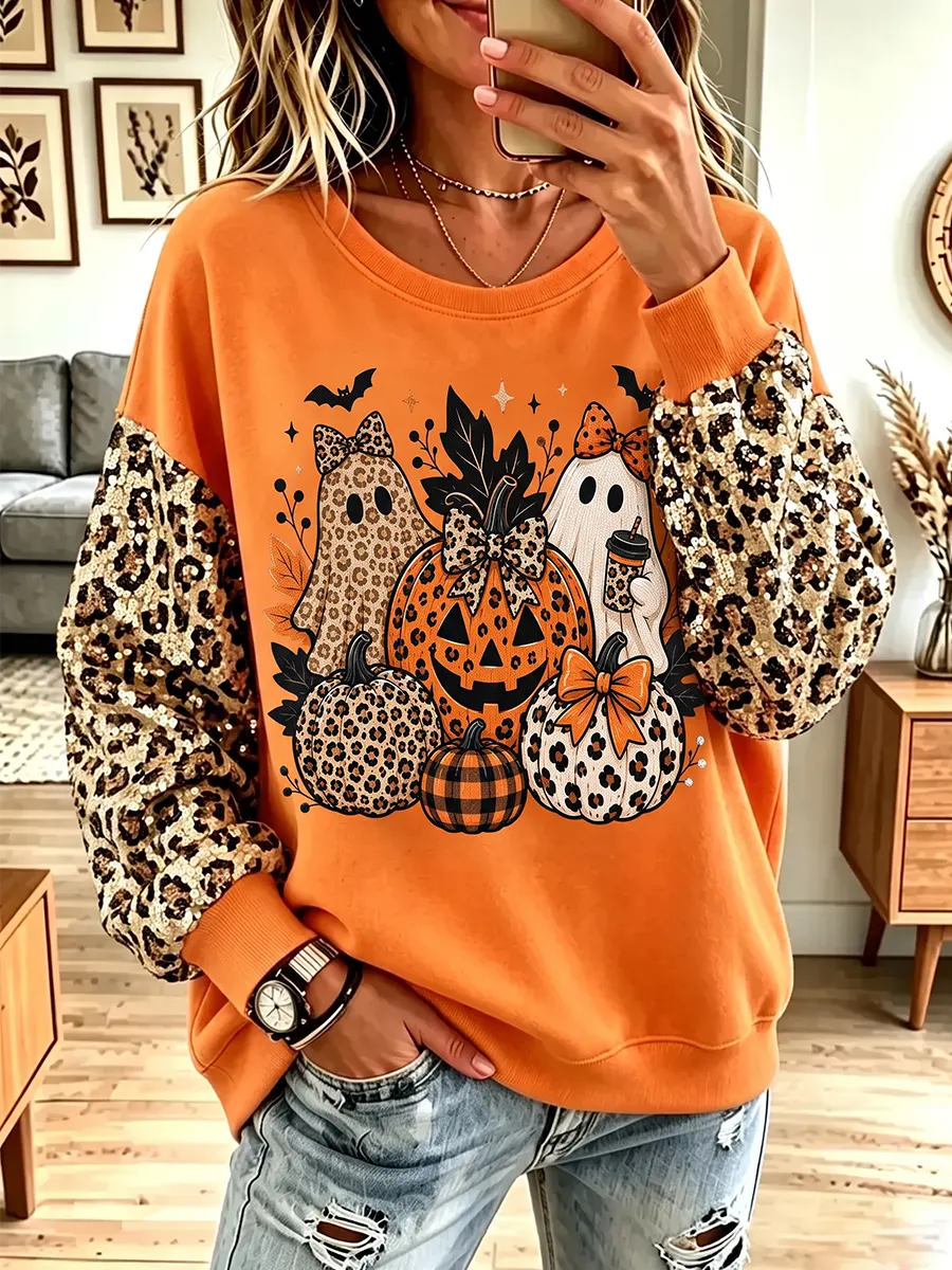 Vintage Elegant Sparkling Halloween Pumpkin Leopard Print Sweatshirt