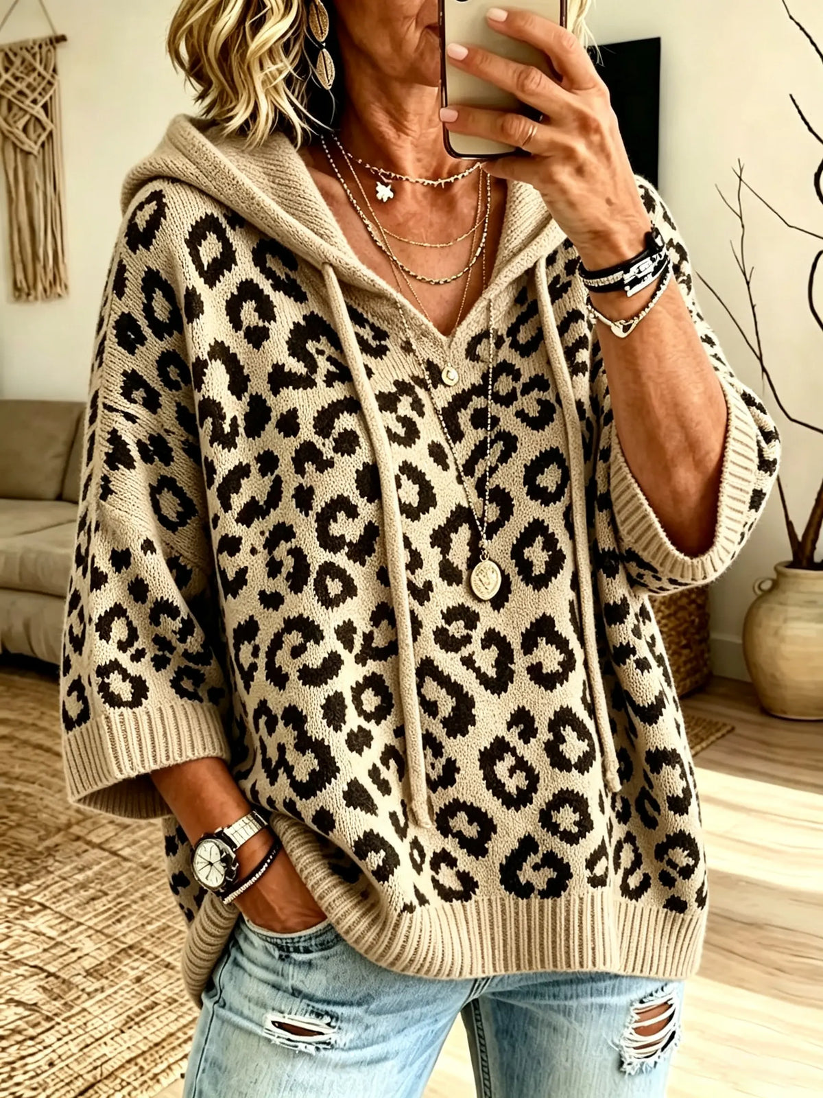 Women Leopard Print 3/4 Sleeve Hooded Knit Top