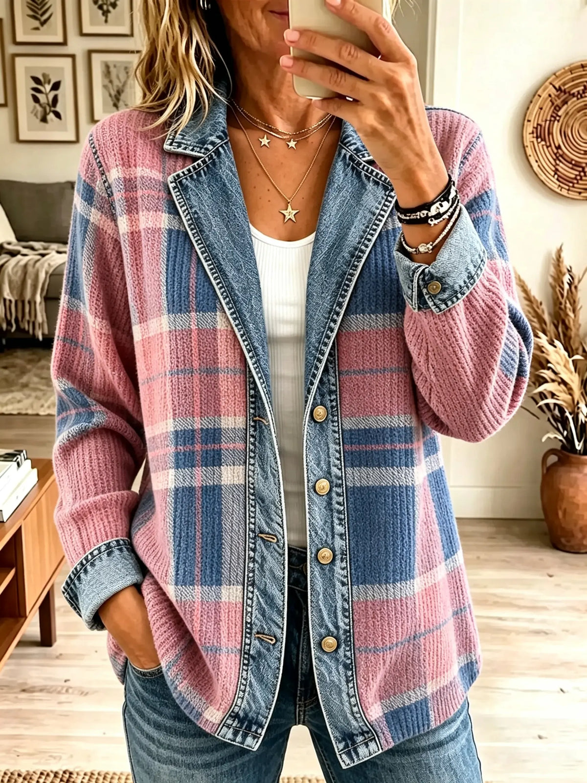 Women's Denim Patchwork Plaid Button-Down Jacket