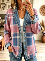 Women's Denim Patchwork Plaid Button-Down Jacket