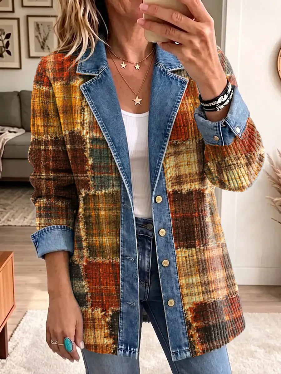 Retro Plaid Pattern Art Casual Denim Patchwork Stylish Long Sleeve Coat