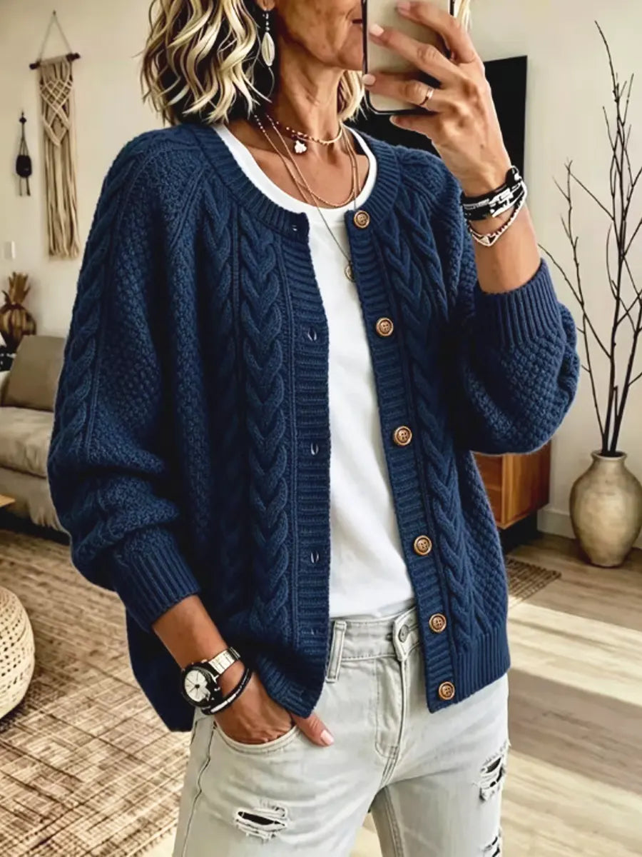 Retro Cozy Art Casual Cable Knit Stylish Long Sleeve Cardigan Sweater