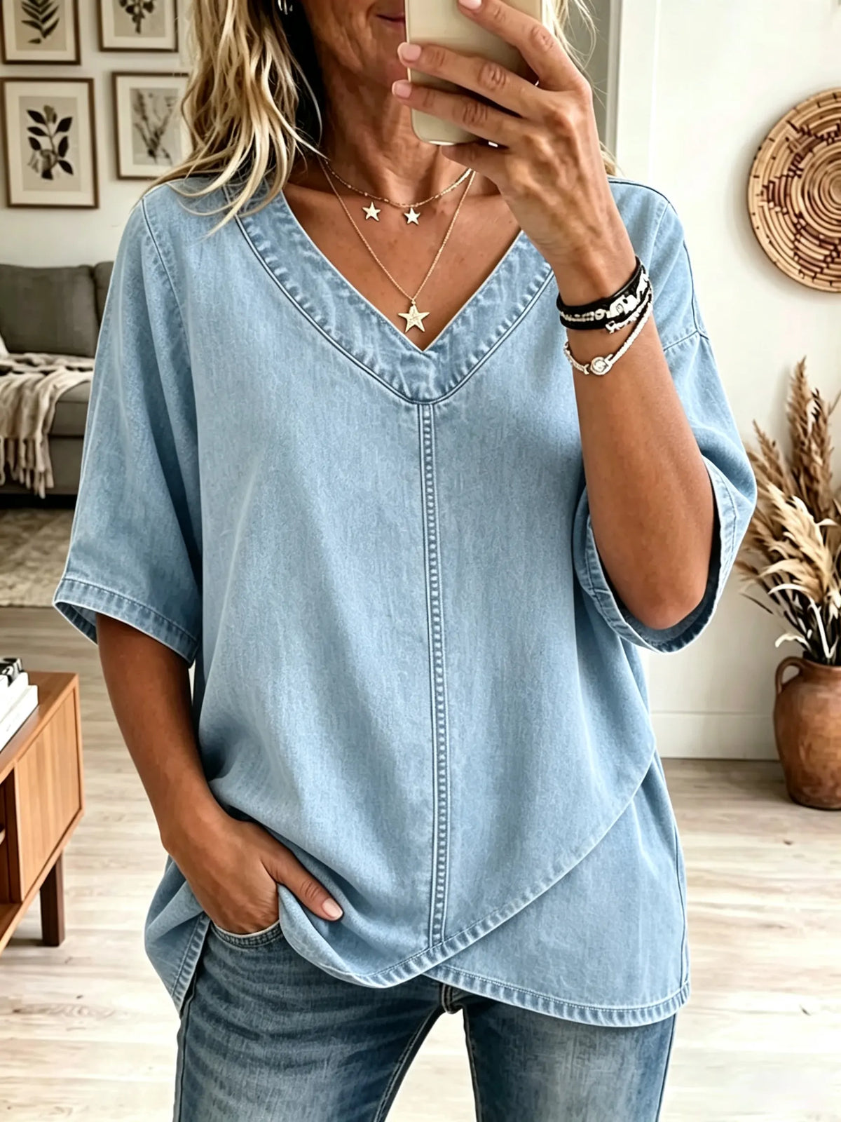 Women's V-Neck Crossover Hem Denim Top