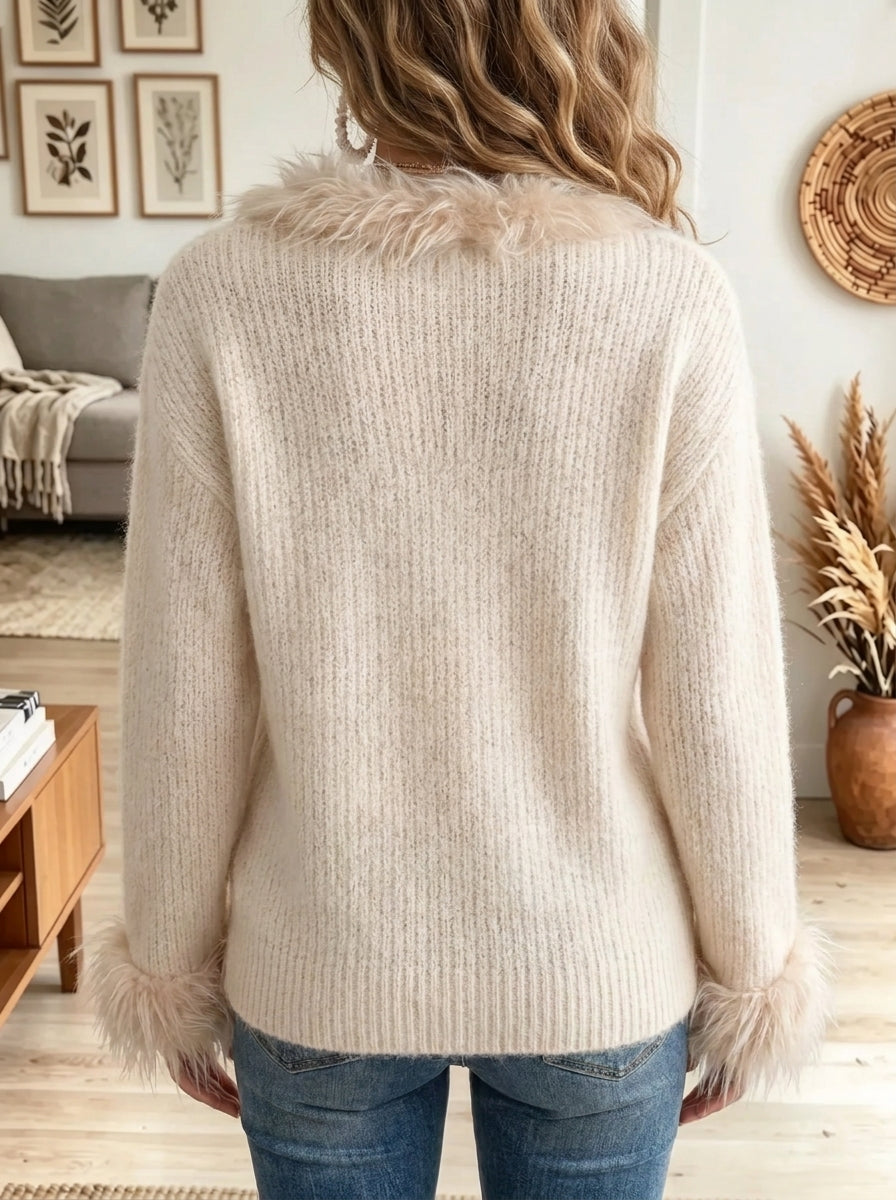 Women's Faux Fur Trim V-Neck Knit Sweater