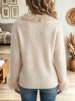 Women's Faux Fur Trim V-Neck Knit Sweater
