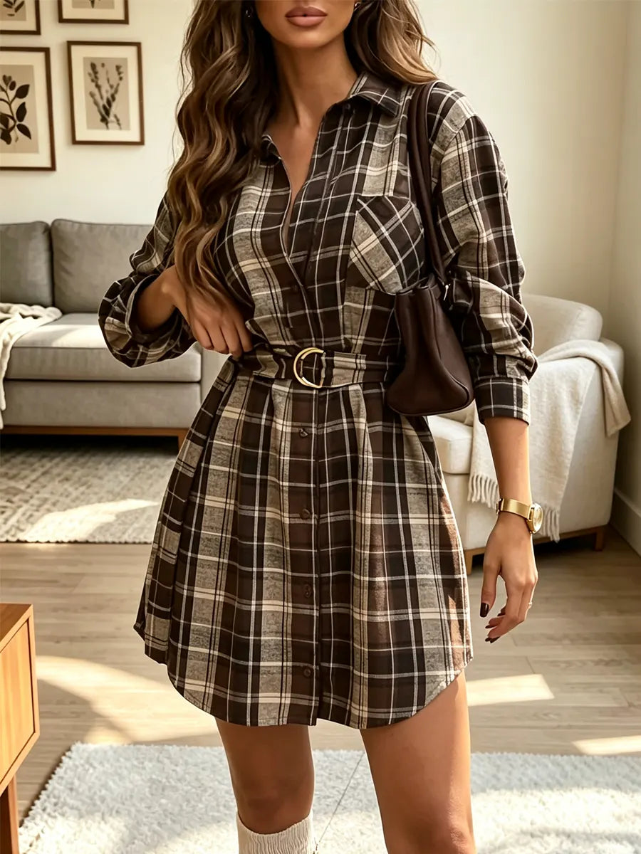 Retro Lapel Plaid Pattern Art Casual Stylish Long Sleeve Mini Dress