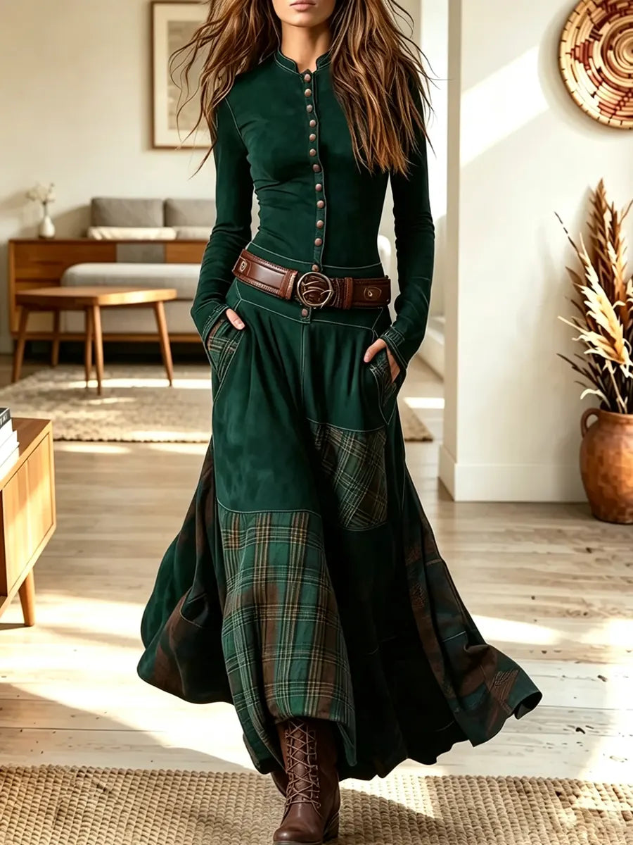 Vintage Plaid Patchwork Art Casual Stylish Long Sleeve Long Dress