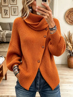 Women's Draped Turtleneck Asymmetrical Button Sweater