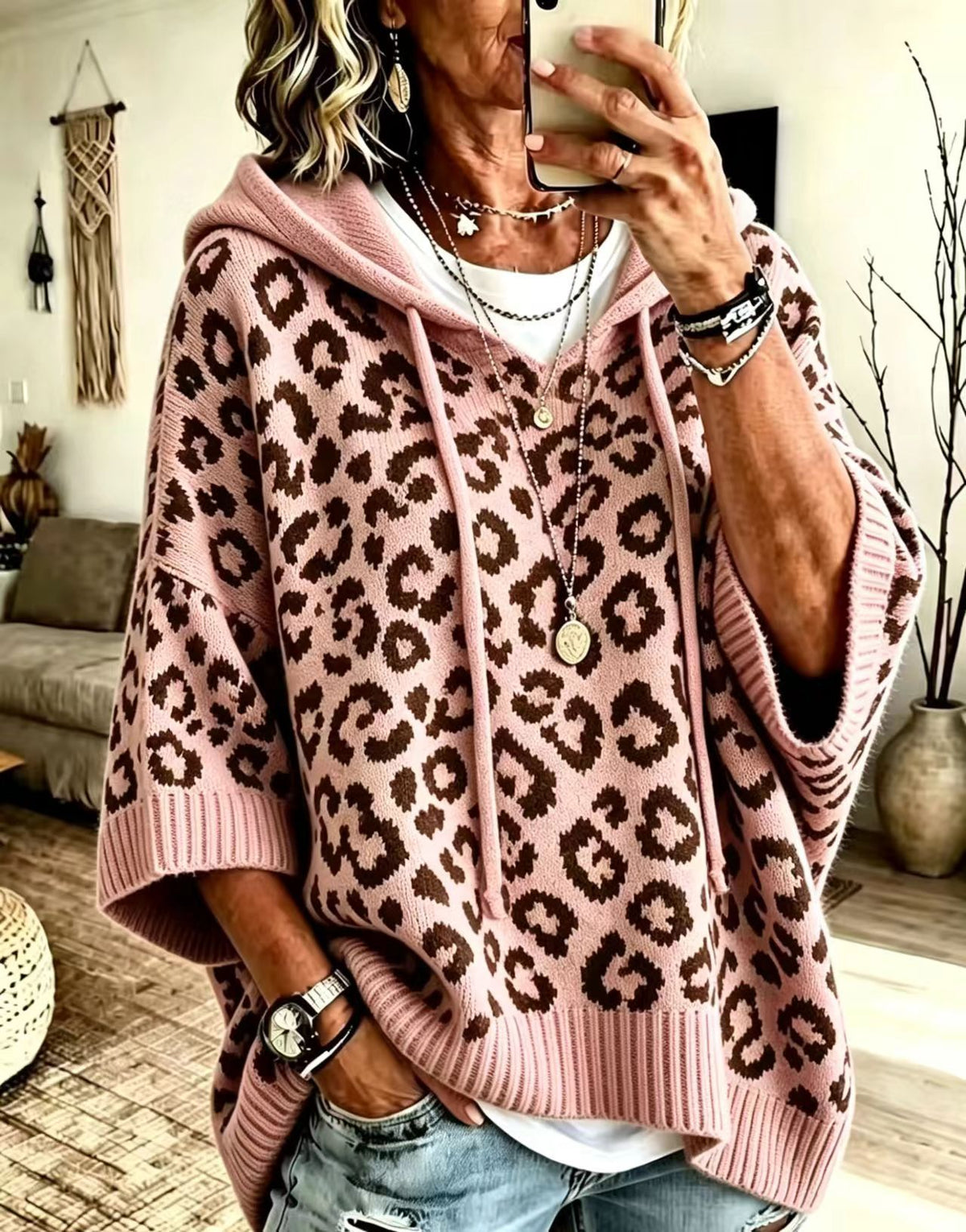 Women Leopard Print Drawstring Hooded Half‑Sleeve Knit Sweater
