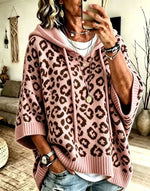 Women Leopard Print Drawstring Hooded Half‑Sleeve Knit Sweater