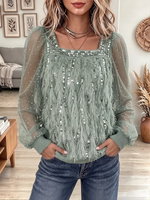 Vintage Elegant Sparkling Square Neckline Patchwork Sheer Dress