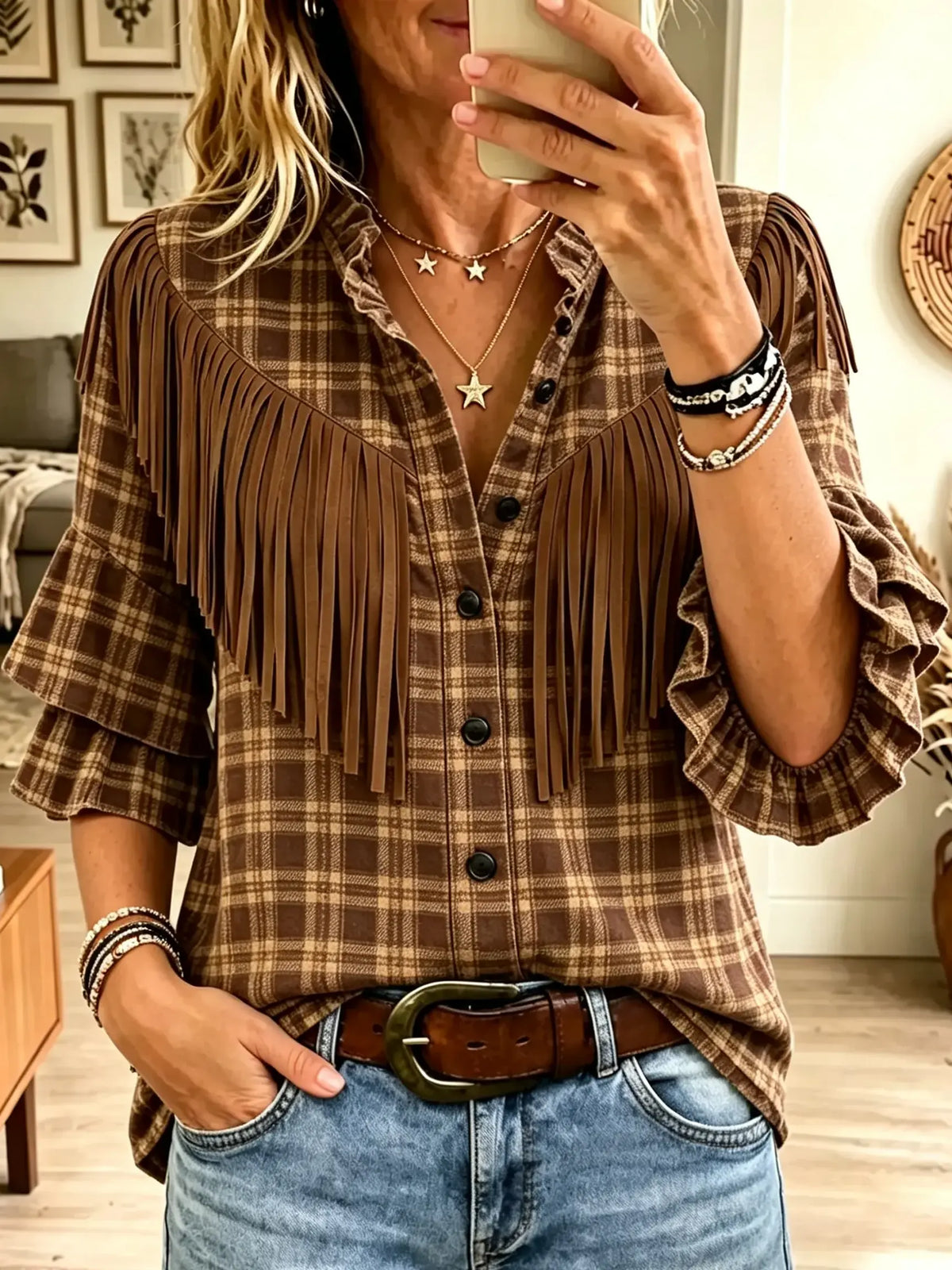 Women's Plaid Fringe Trim Western Button-Down Shirt